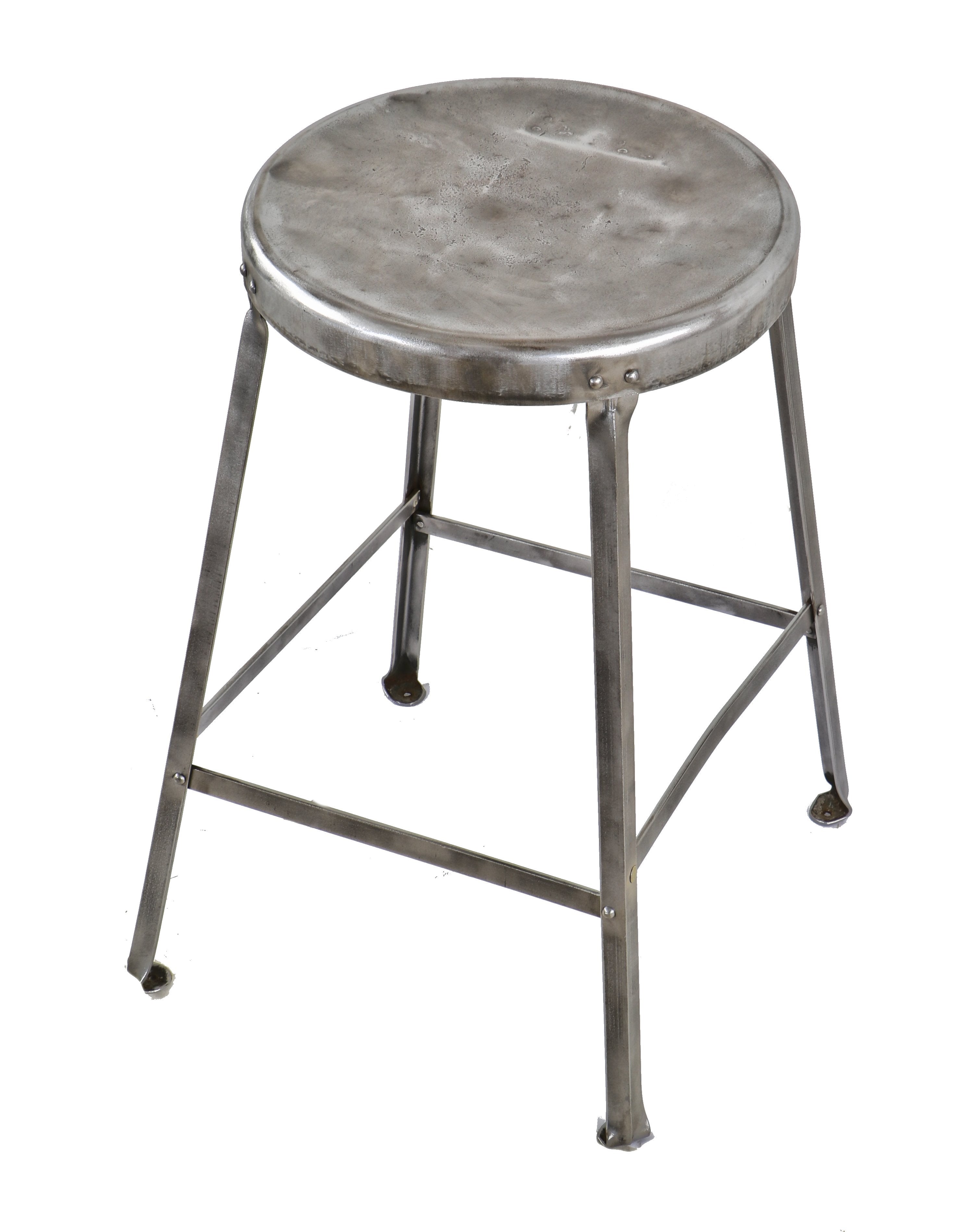 single c. 1930's american depression era antique industrial riveted joint angled steel low-lying factory machine shop stool with circular-shaped seat