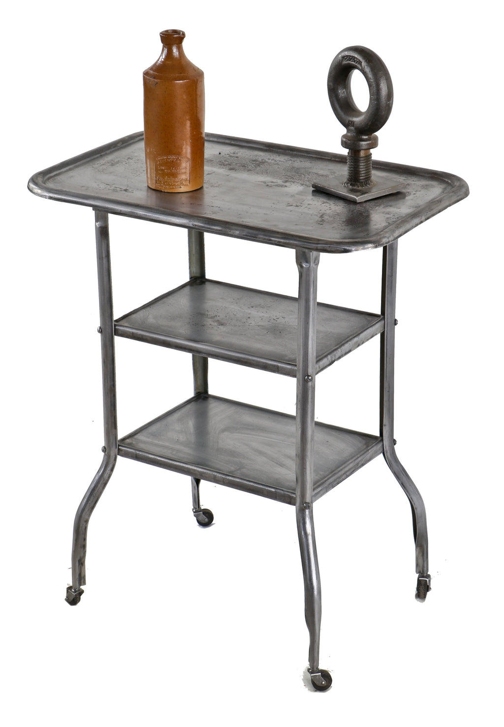 refinished clean and lightweight pressed and folded steel multi-tier mobile hospital cart or station with curvaceous legs and bassick swivel casters