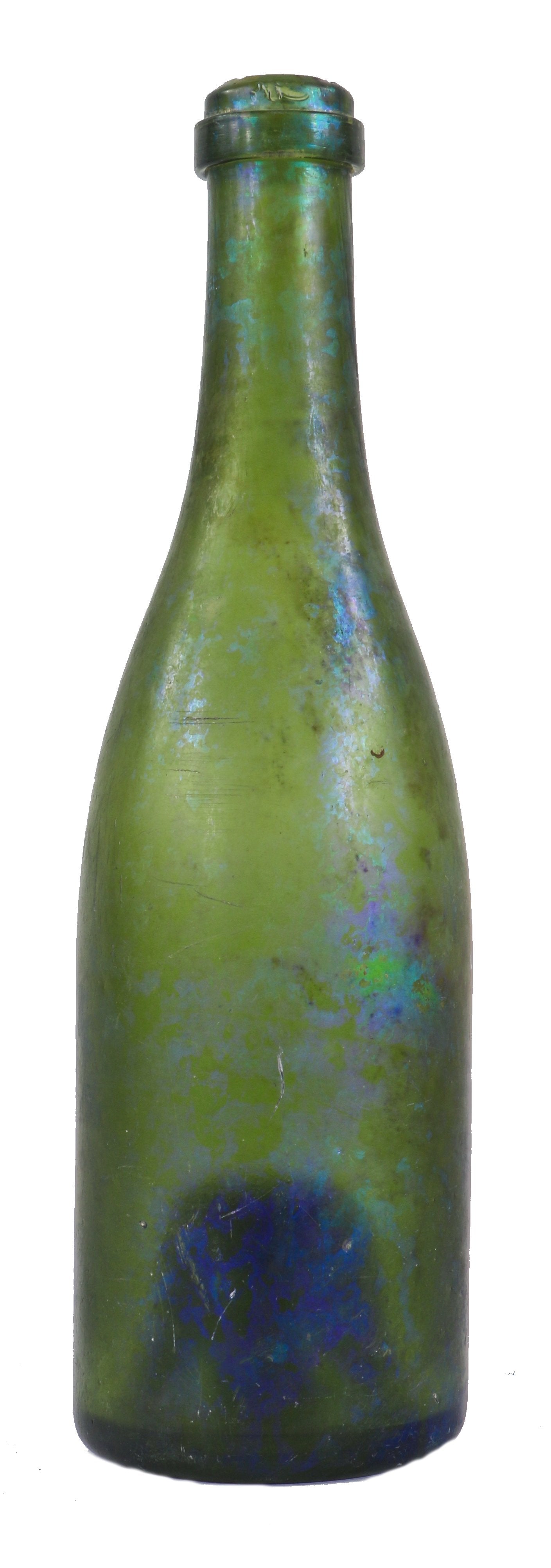 rare and original privy dug nineteenth century heavily irridized medium forest green hock wine style utility glass bottle of unknown origin