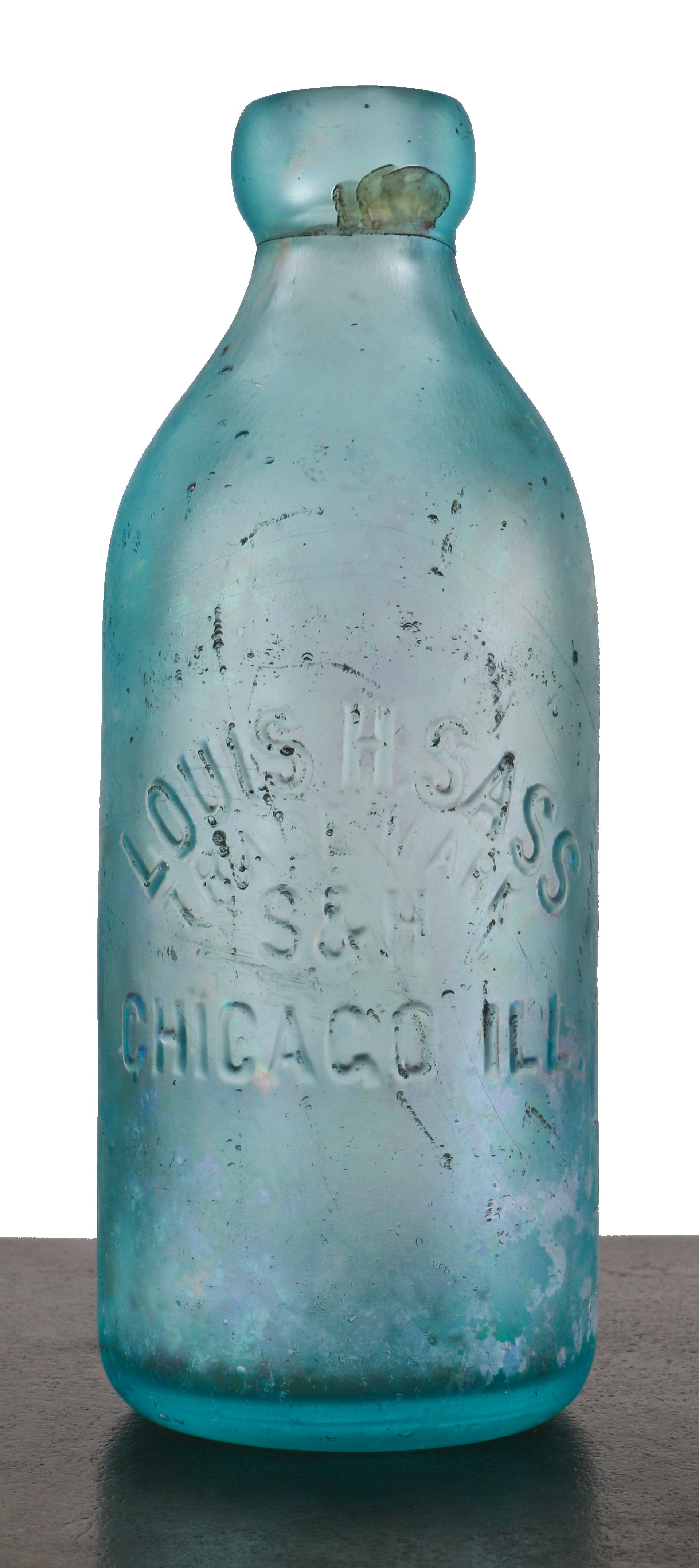 original antique american intact chicago privy dug late nineteenth century aqua blue louis sass hutchinson type mineral or soda water bottle with applied blobtop