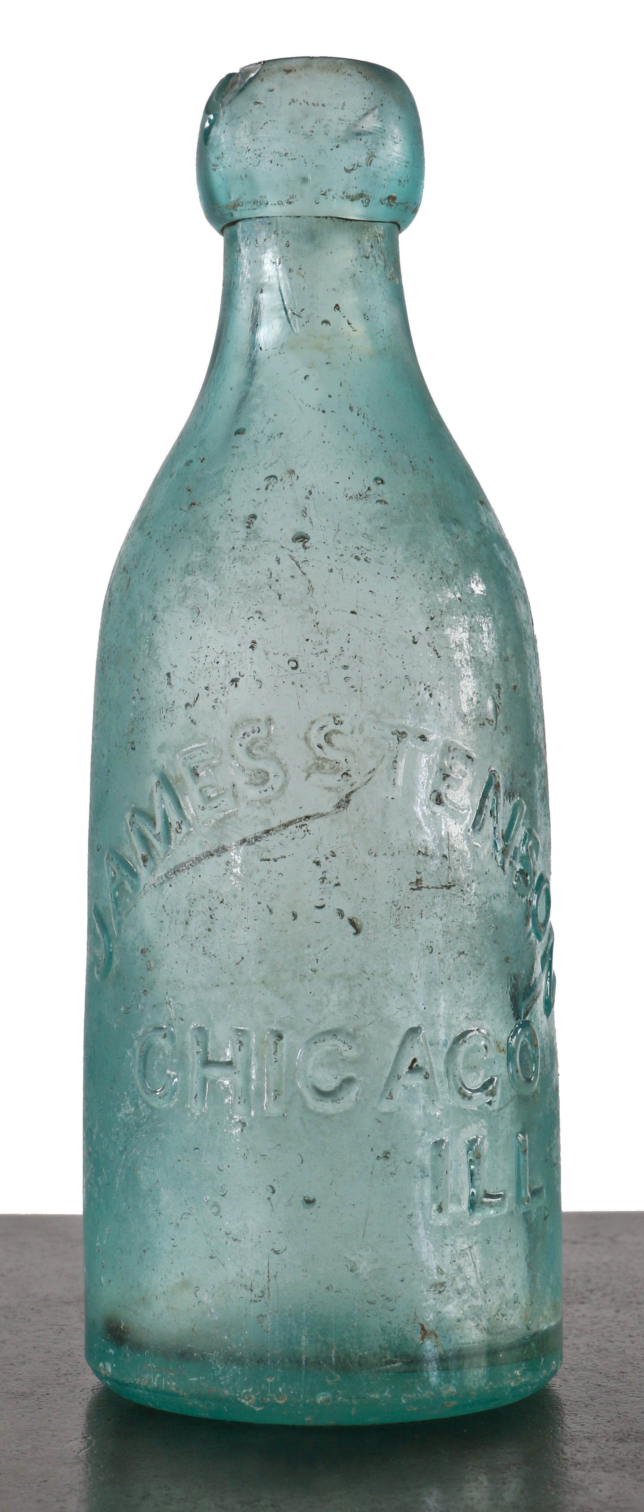 single largely intact original privy dug c. 1870's light aqua glass blobtop soda bottle fabricated for james stenson in chicago, il