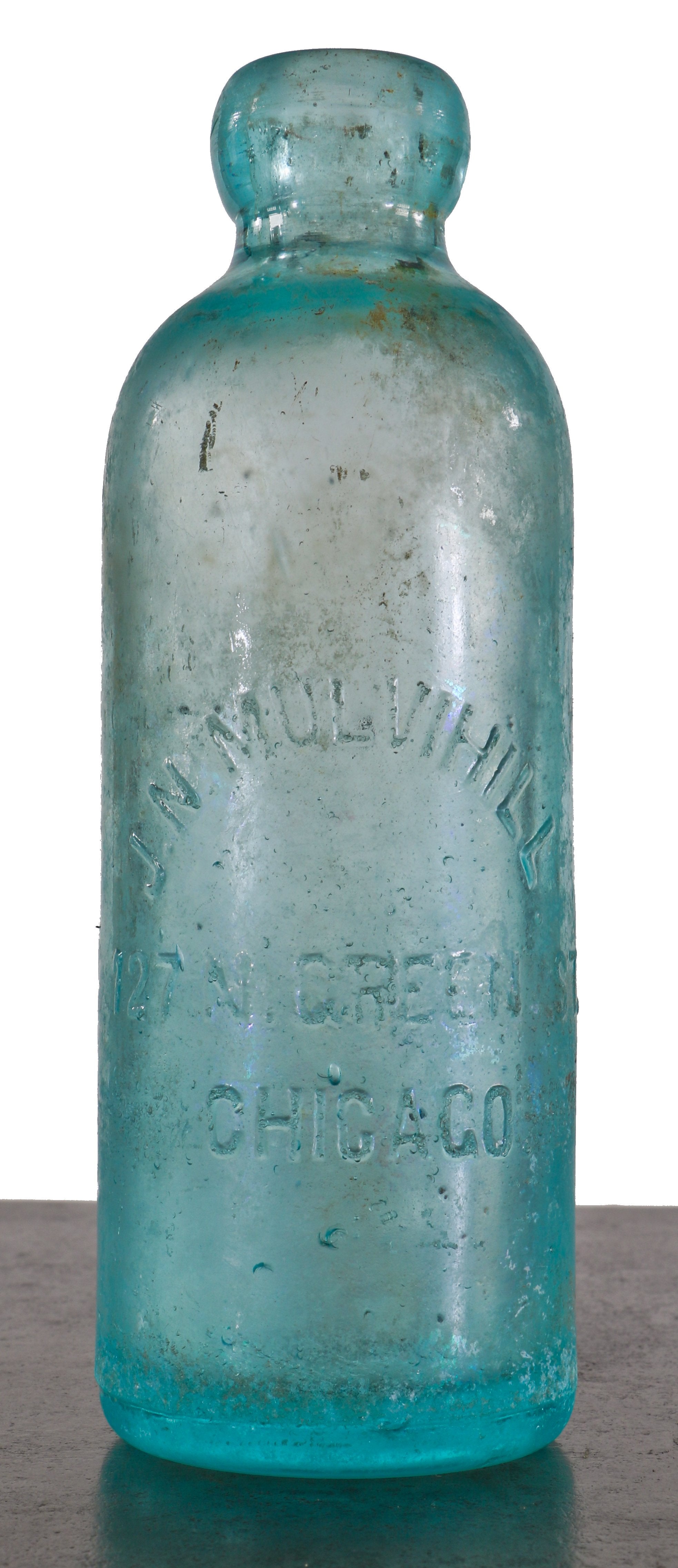 hard to find intact and original privy dug turn of the century blue aqua glass soda bottle manufactured for j.n. mulvihill in chicago, il.