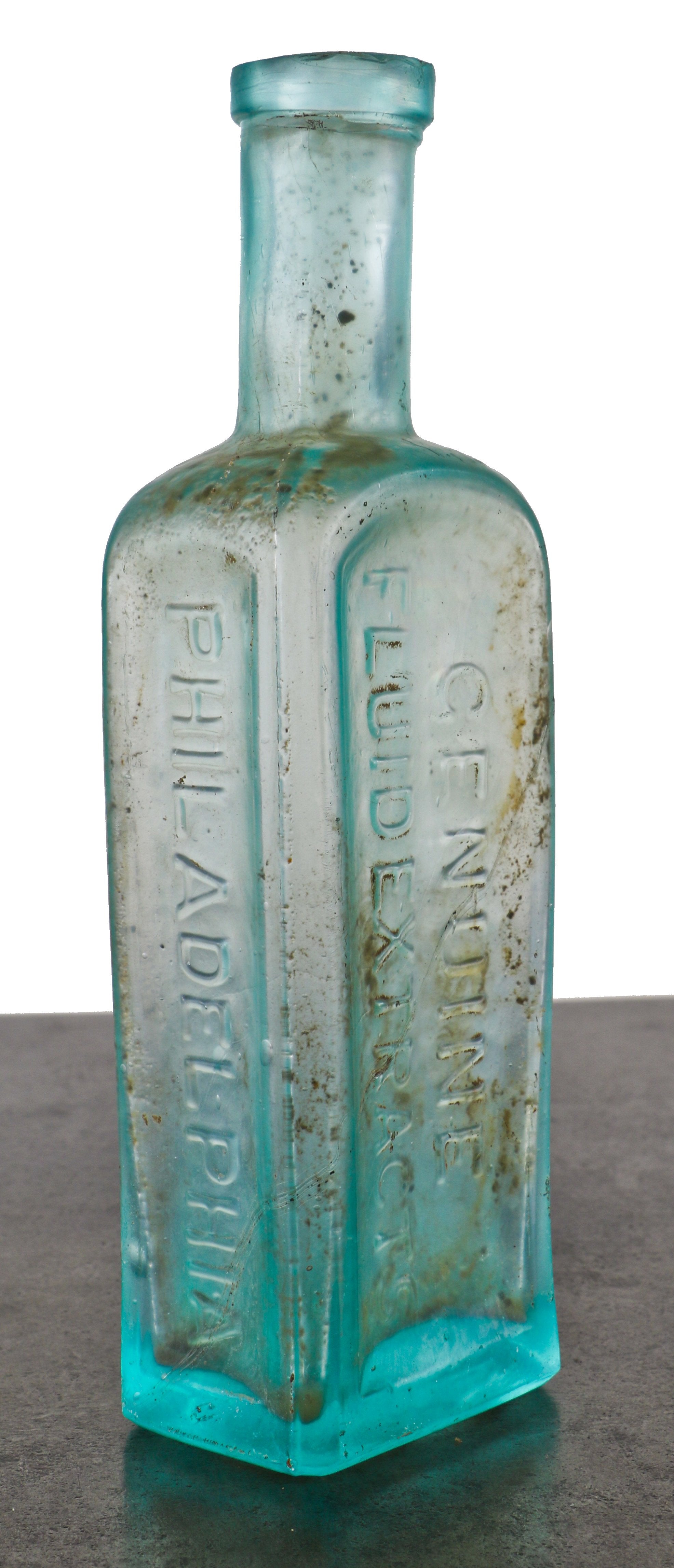 original c. 1870's intact chicago privy dug aqua blue-colored glass "genuine fluid extract" embossed medicinal bottle with four-sided arch top panels