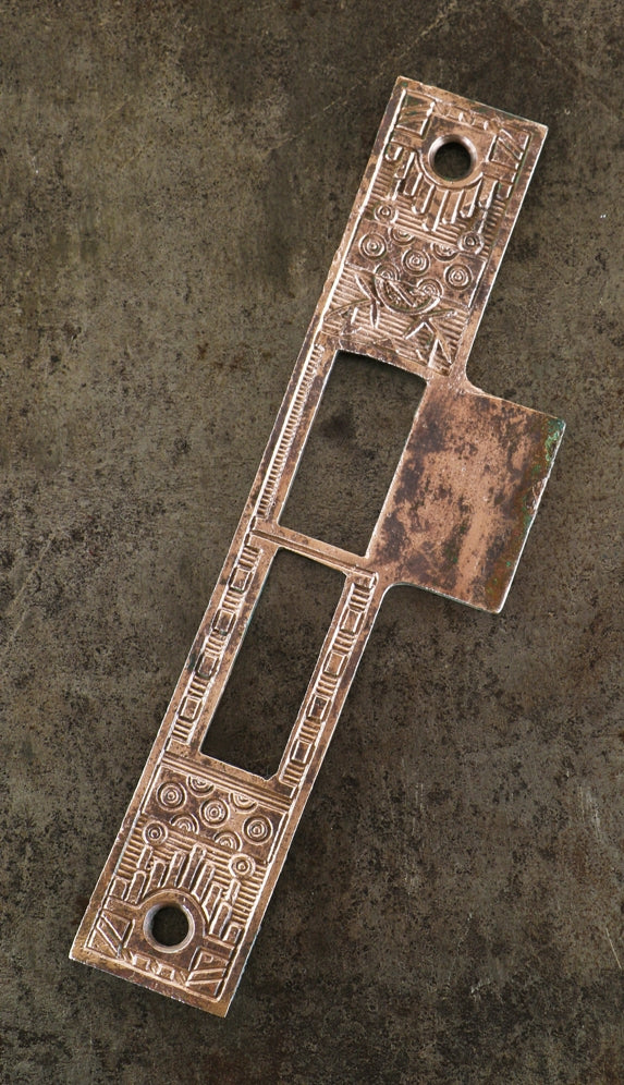single oversized c. 1880's ornamented cast bronze "windsor" pattern eastlake style exterior residential entrance door mortise door strikeplate