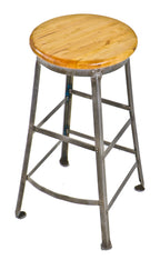 refinished late 1920's american antique industrial four-legged riveted joint angled steel stationary stool with original maple wood seat and foot rest