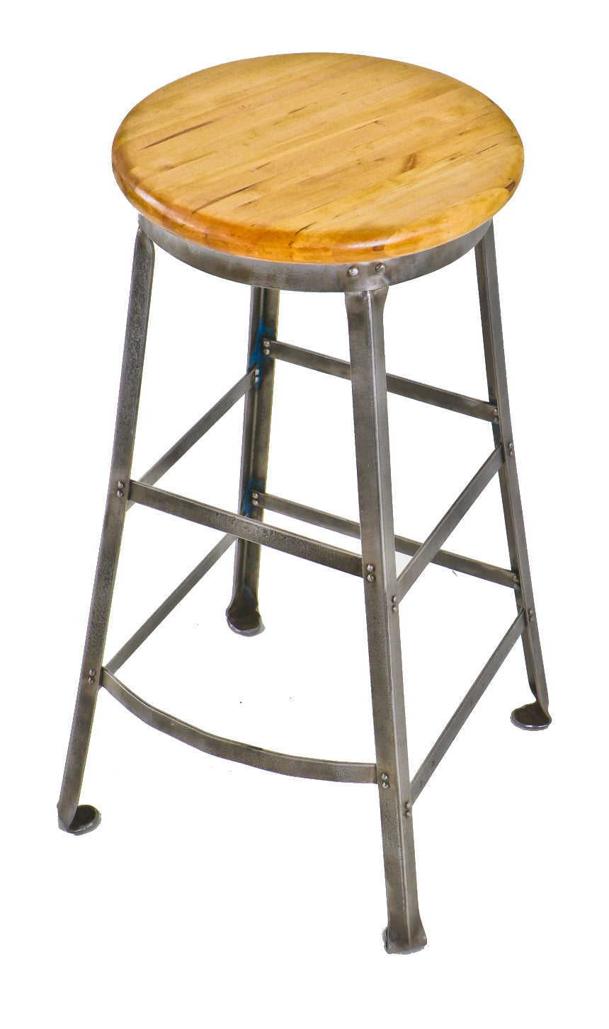 refinished late 1920's american antique industrial four-legged riveted joint angled steel stationary stool with original maple wood seat and foot rest