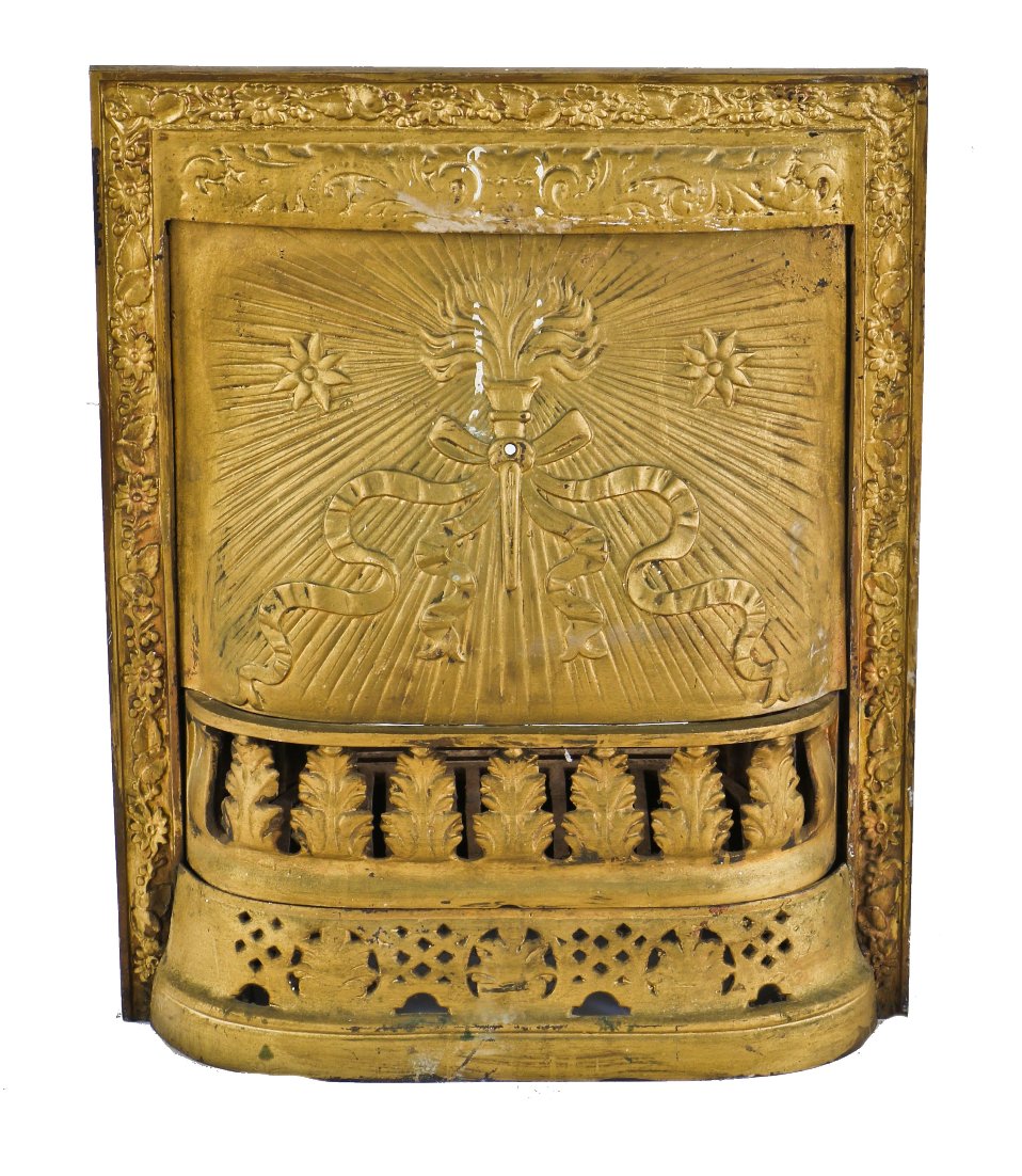 early 1880's antique american victorian era metallic gold enameled cast iron coal or wood-burning residential fireplace grate with summer cover