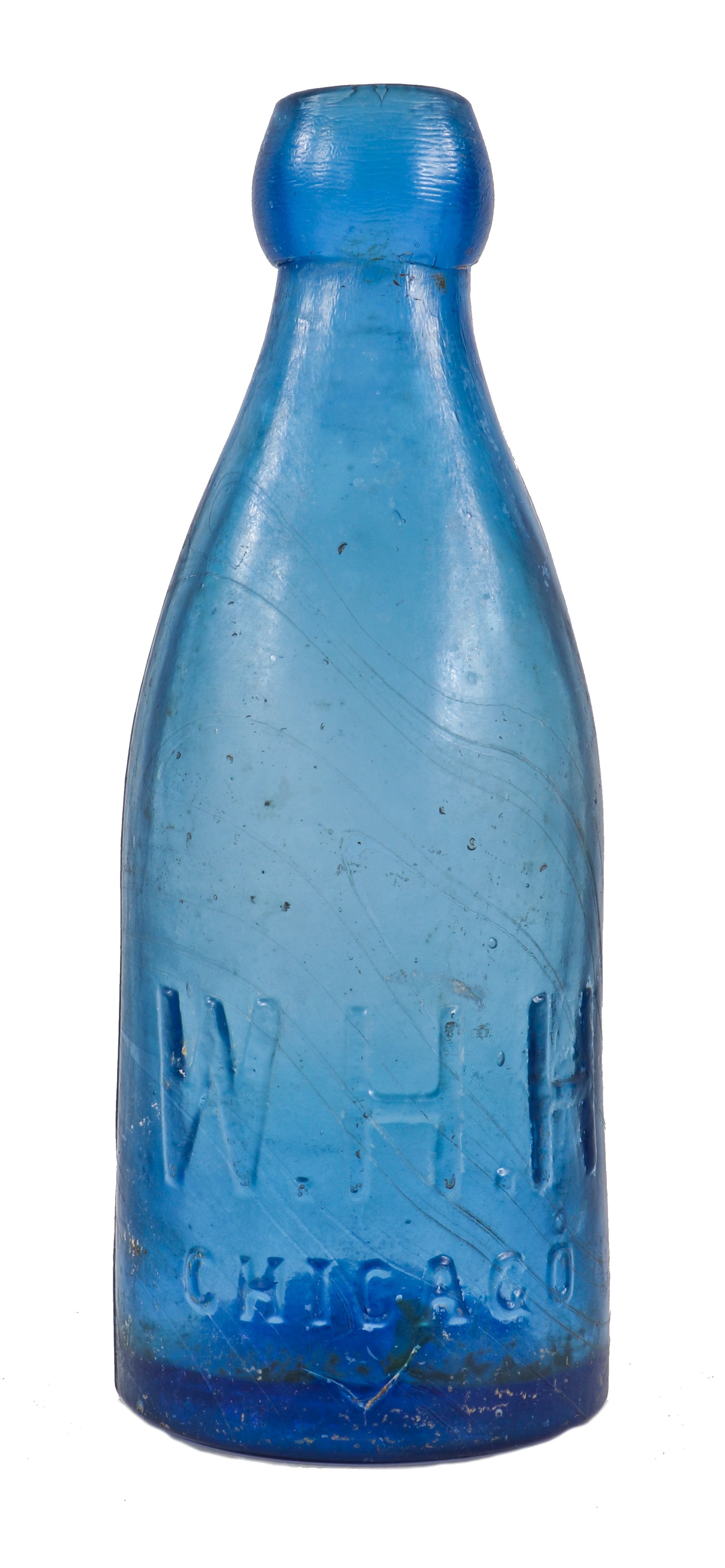 seldom found original c. 1860's antique american cobalt blue glass w.h.h. mineral water "pony shape" blob top bottle with smooth base
