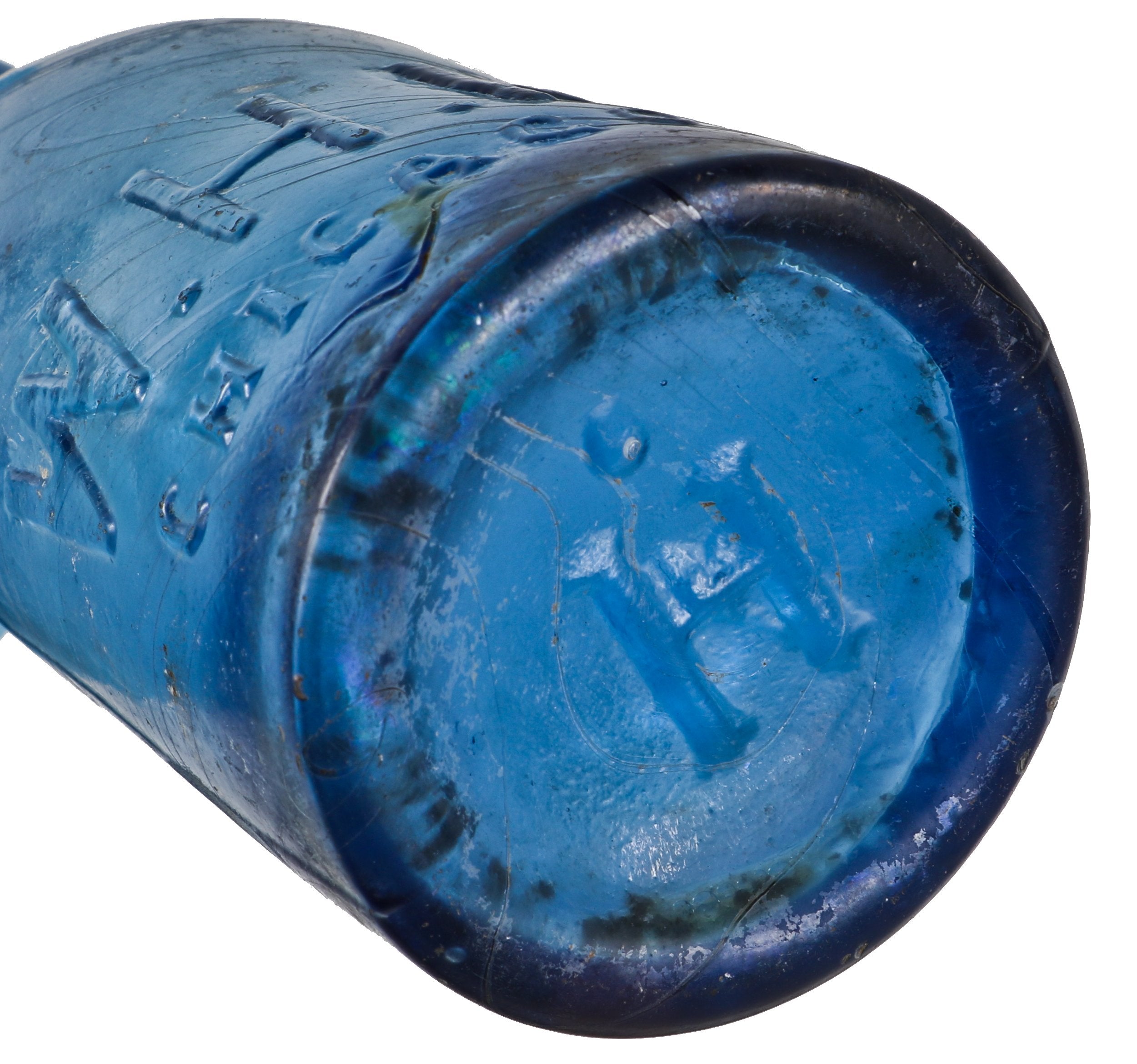 seldom found original c. 1860's antique american cobalt blue glass w.h.h. mineral water "pony shape" blob top bottle with smooth base
