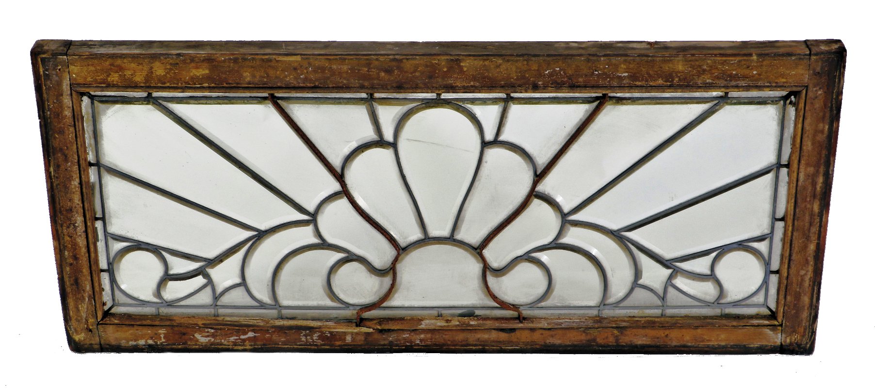 original and intact late 1880's oversized chicago residential all-beveled leaded glass transom window featuring a centrally located palmette