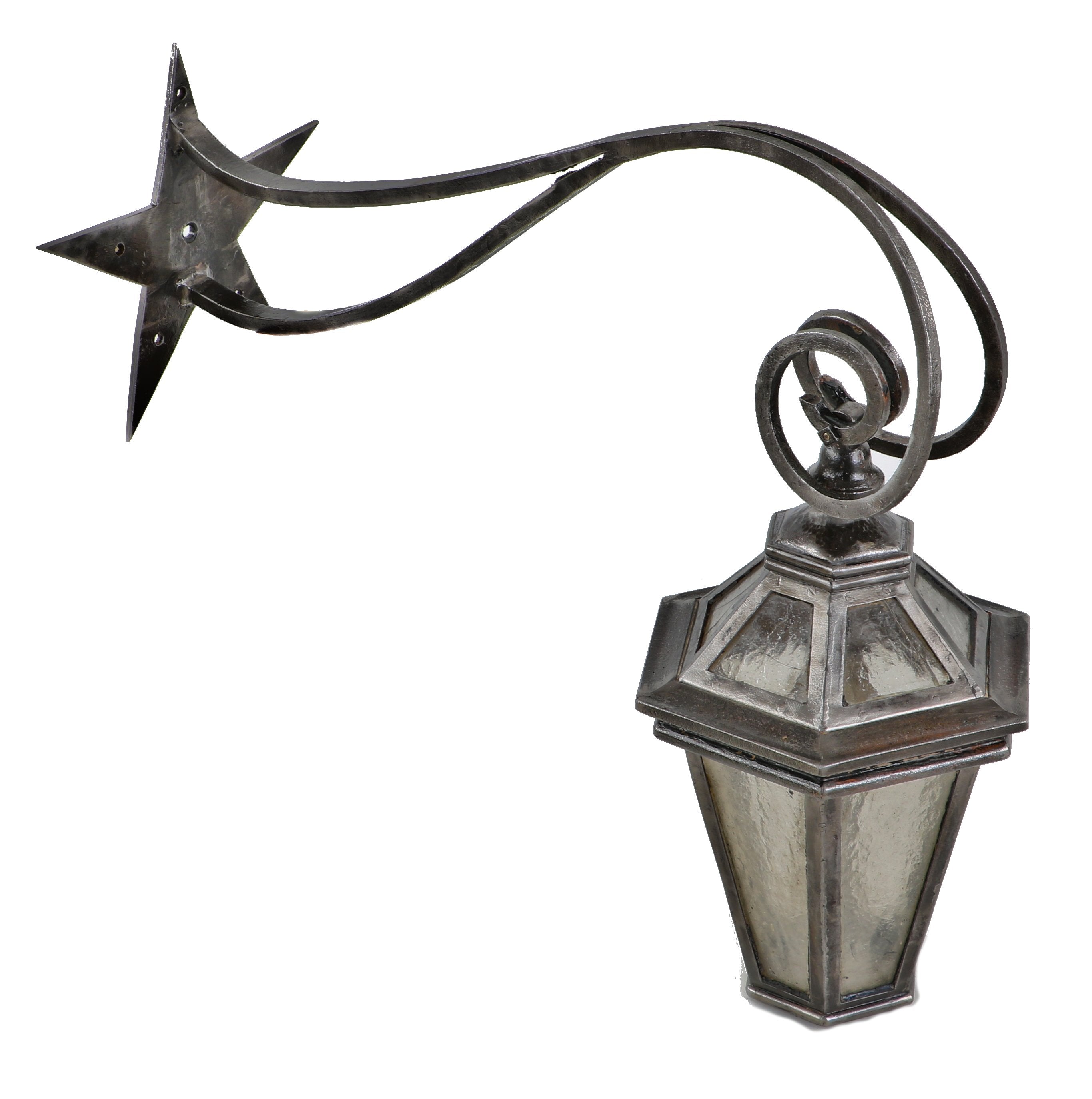late 1920's antique american exterior wrought iron chicago mansion entrance door bracketed light fixture with pyramidal-shaped seeded glass lantern