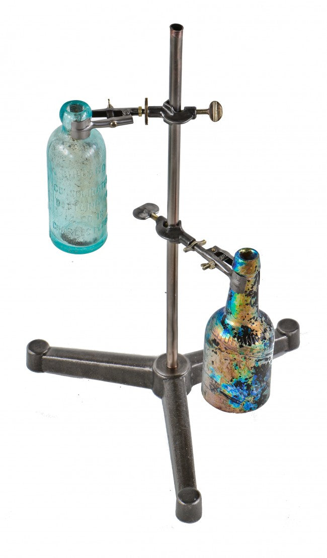 completely refinished diminutive antique american industrial late 1920's research laboratory retort stand with desirable three-legged cast iron base