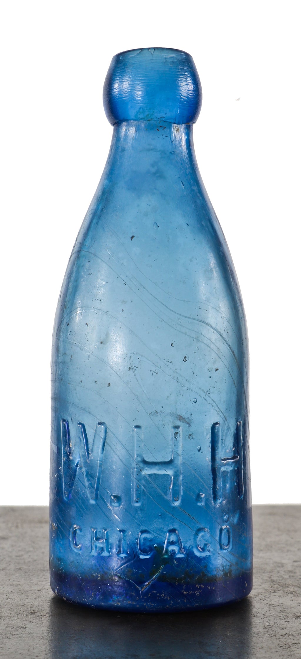 seldom found original c. 1860's antique american cobalt blue glass w.h.h. mineral water "pony shape" blob top bottle with smooth base