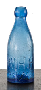 seldom found original c. 1860's antique american cobalt blue glass w.h.h. mineral water "pony shape" blob top bottle with smooth base