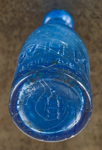 seldom found original c. 1860's antique american cobalt blue glass w.h.h. mineral water "pony shape" blob top bottle with smooth base