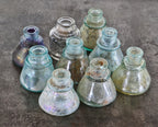 nice variety of original chicago privy dug late 19th and early 20th century "cone" or conical-shaped mouth-blown green and blue aqua glass ink wells with rolled lips