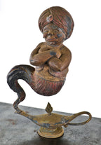 very rare early 20th century freestanding polychrome enameled zinc metal "aladdin" brand oil lamp lighting shop advertising display or trade sign"