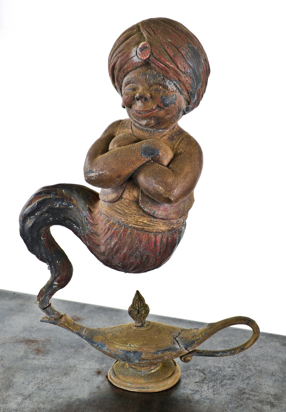 very rare early 20th century freestanding polychrome enameled zinc metal "aladdin" brand oil lamp lighting shop advertising display or trade sign"