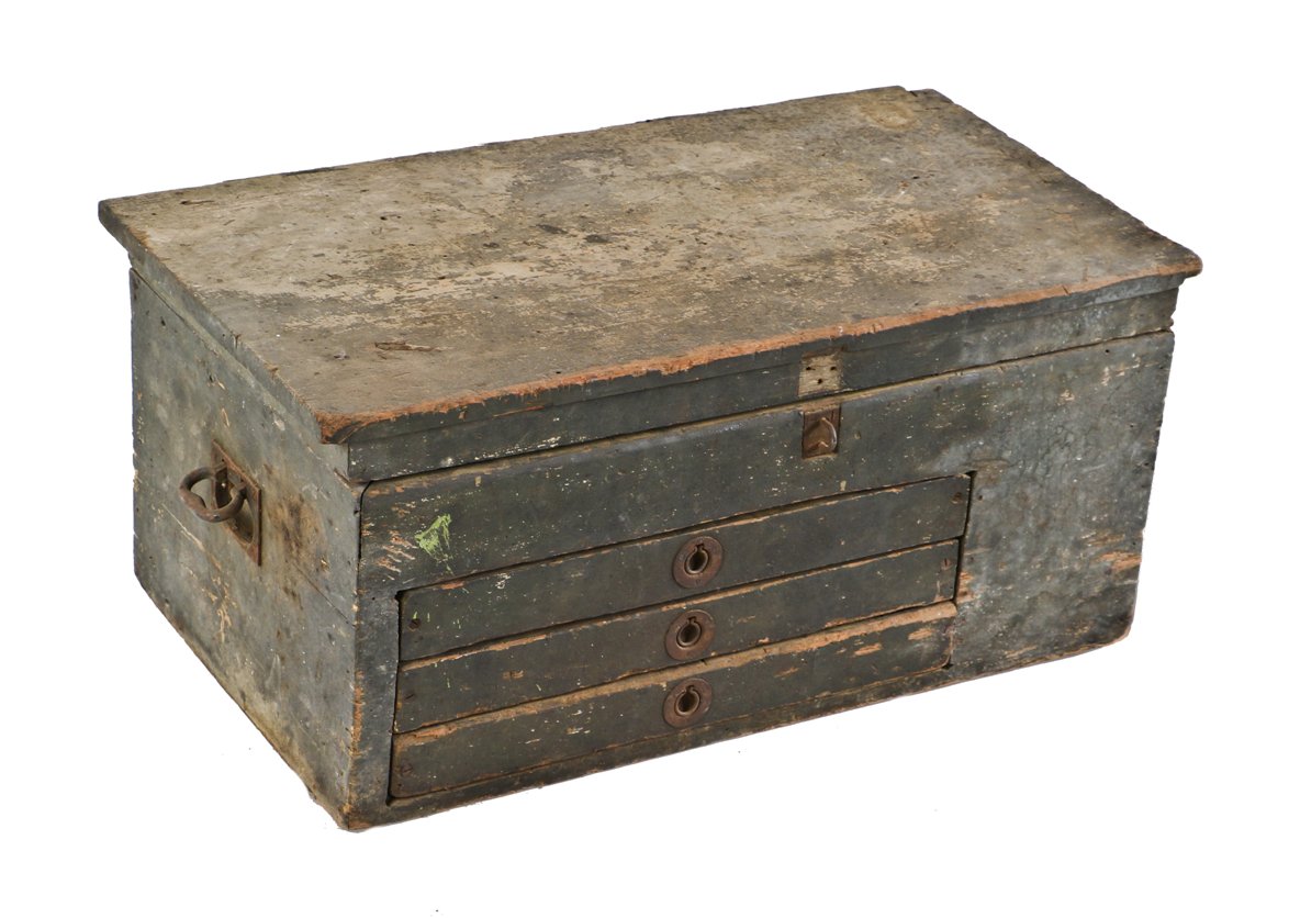 exceptional primitive 19th century portable american industrial weathered and worn painted pine wood railroad roundhouse mechanic's tool chest with three pull-out drawers