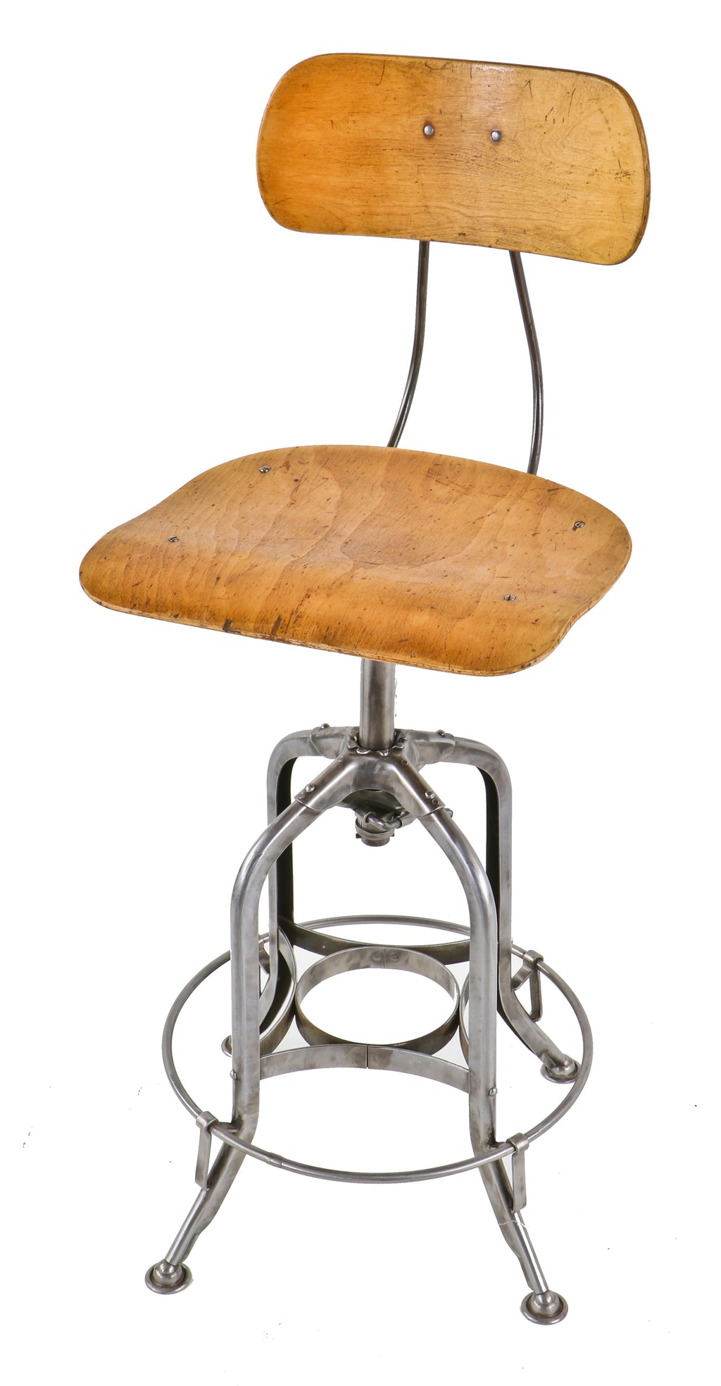 late 1920's original adjustable height antique american industrial "uhl art steel" completely refinished toledo stool with highly desirable footrest or heel ring