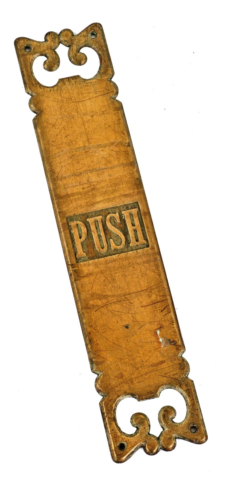 oversized late 19th century original antique american flush mount cleveland commercial building entrance door "push" plate with bas-relief lettering