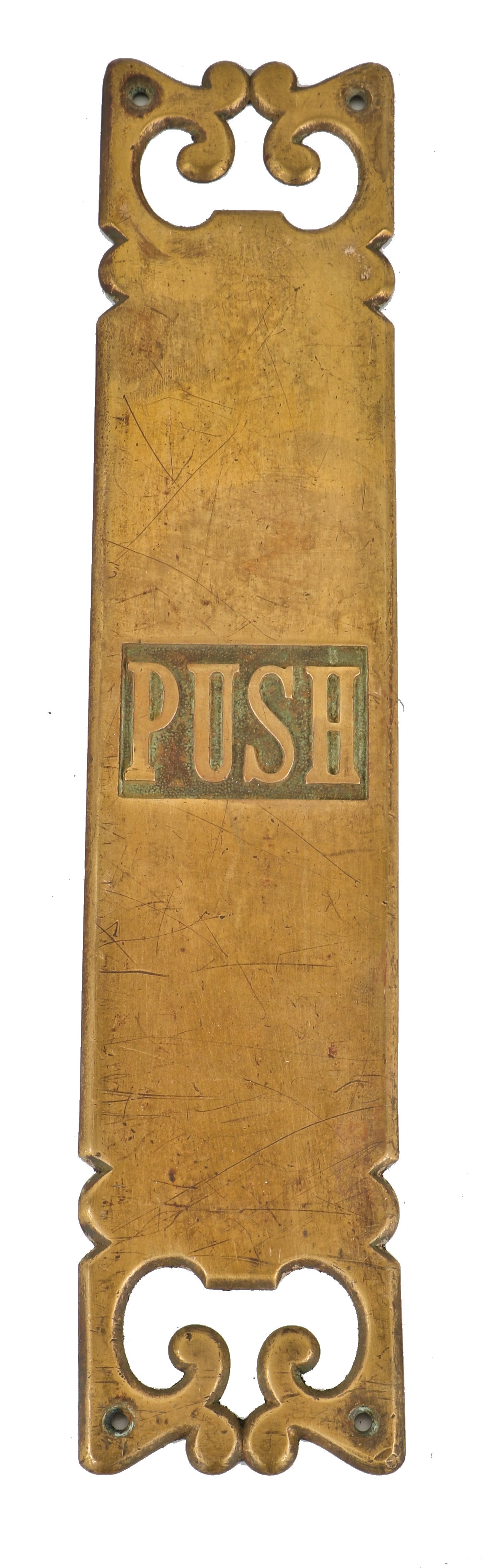 late 19th century long and narrow oversized antique american cast bronze cleveland commercial building "push" backplate with bas-relief lettering