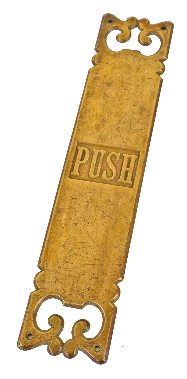 very desirable late 19th or early 20th century antique american cleveland commercial building entrance door "push" backplate comprised of cast bronze metal