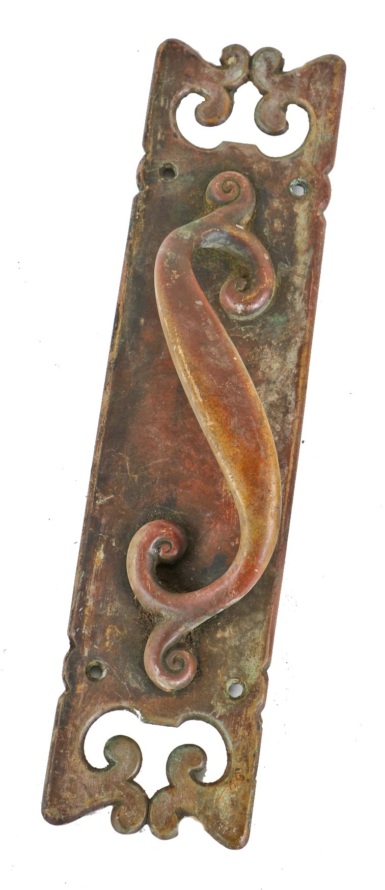 single 19th century original ornamental cast bronze exterior cleveland commercial building entrance door pull with scrolled handle