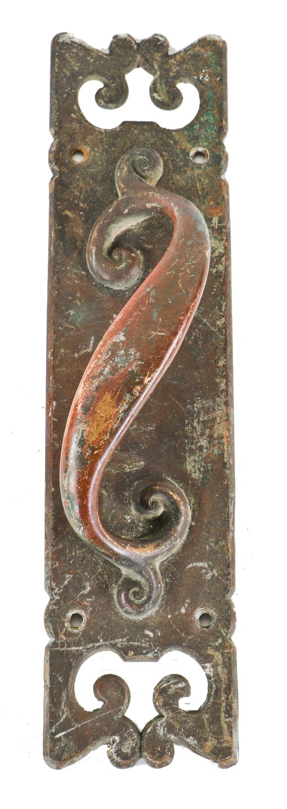 nicely patinated 19th or early 20th century antique american exterior entrance door pull handle with perforated backplate and scrolled handle