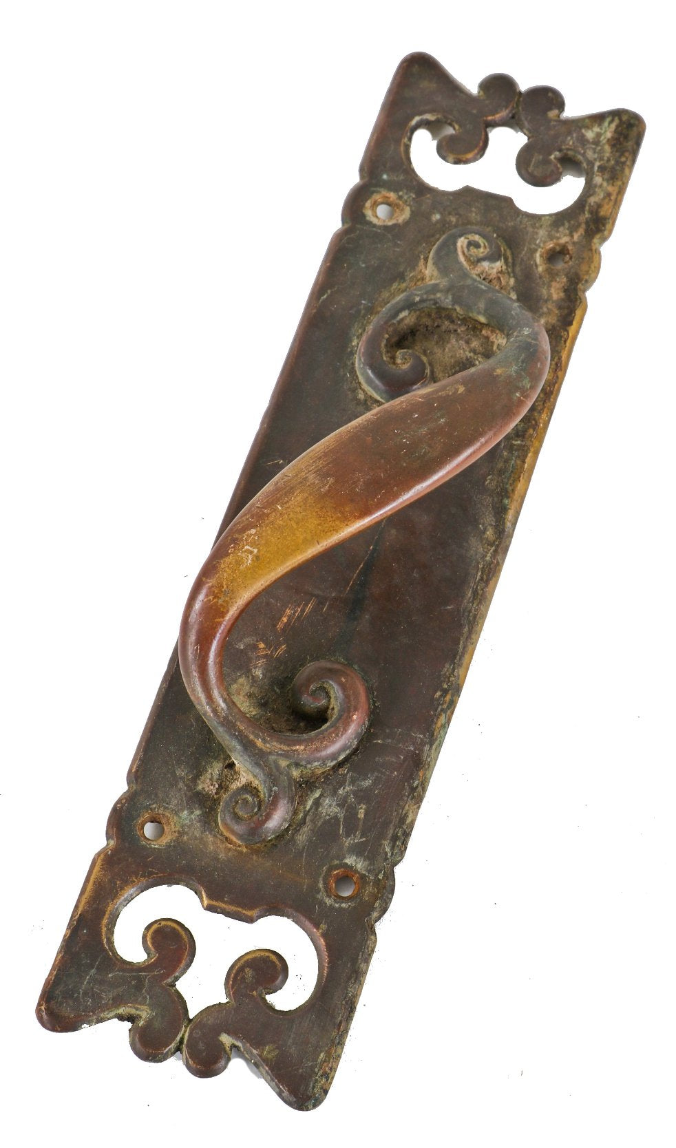 ornamented antique american late 19th century original cleveland commercial building entrance door scrolled handle with decorative backplate