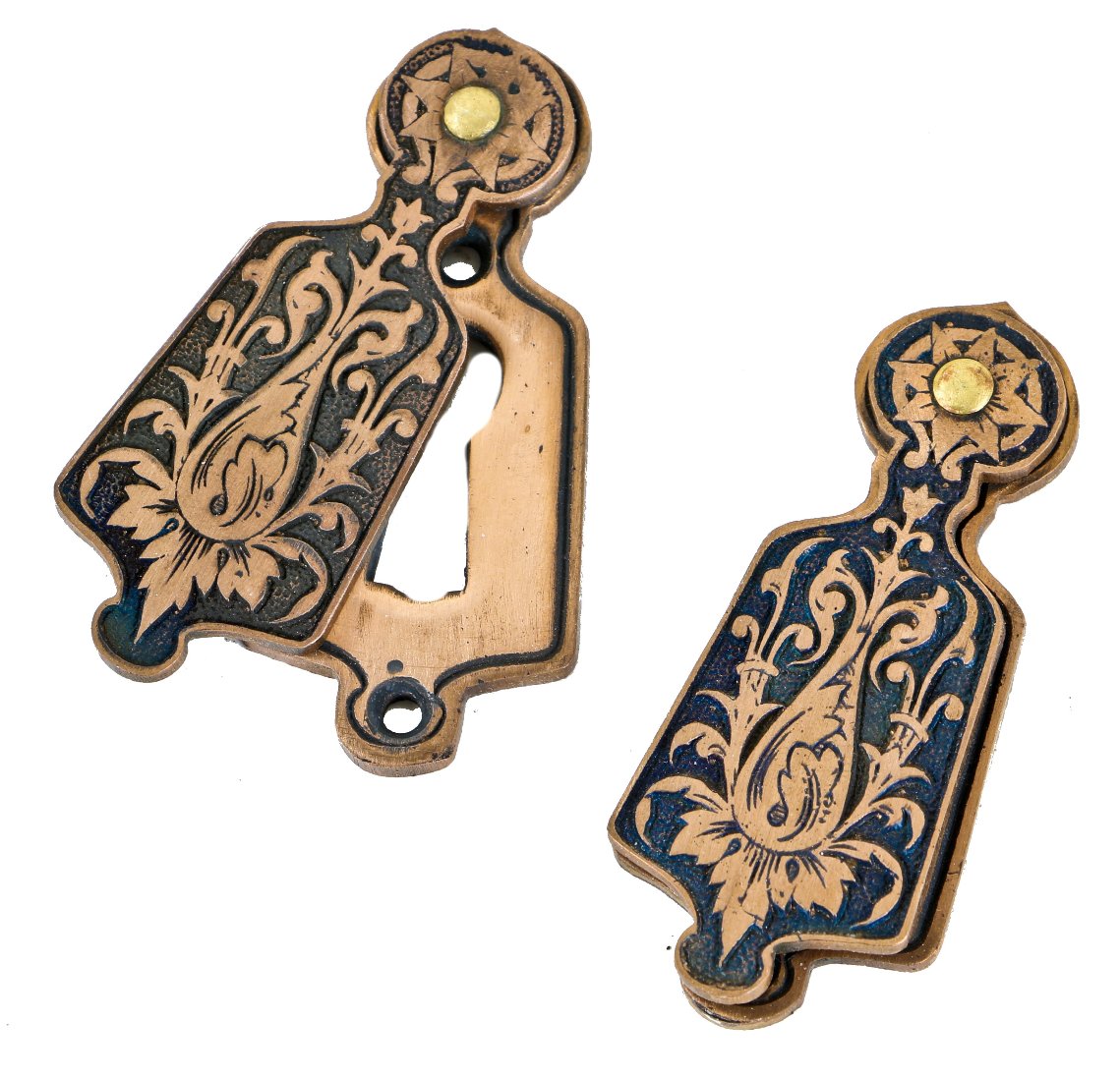 two matching original mid-1870's antique american high victorian ornamental cast bronze passage door keyhole escutcheons with swinging covers