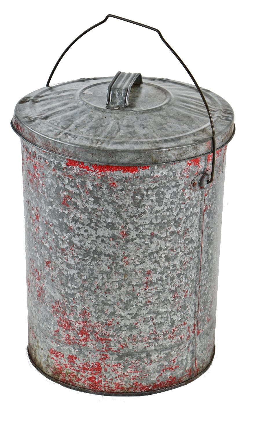 c. 1940's worn and weathered galvanized steel diminutive trash can with original bent steel rod drop handle and rolled rim lid or cover with fixed handle