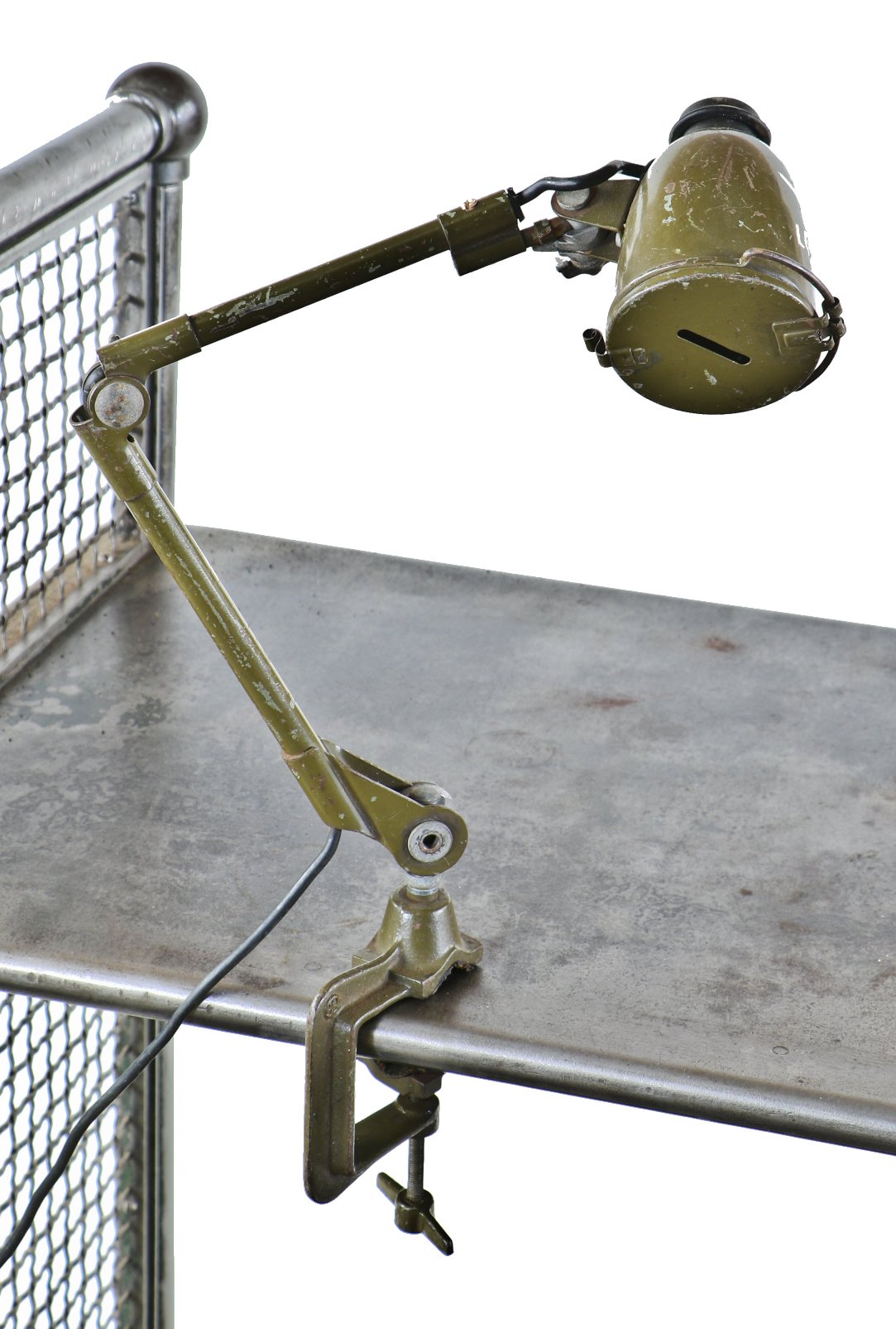 original and completely intact late 1930's or early 1940's vintage industrial articulating arm "mekelite" army green sewing machine triple-jointed task lamp
