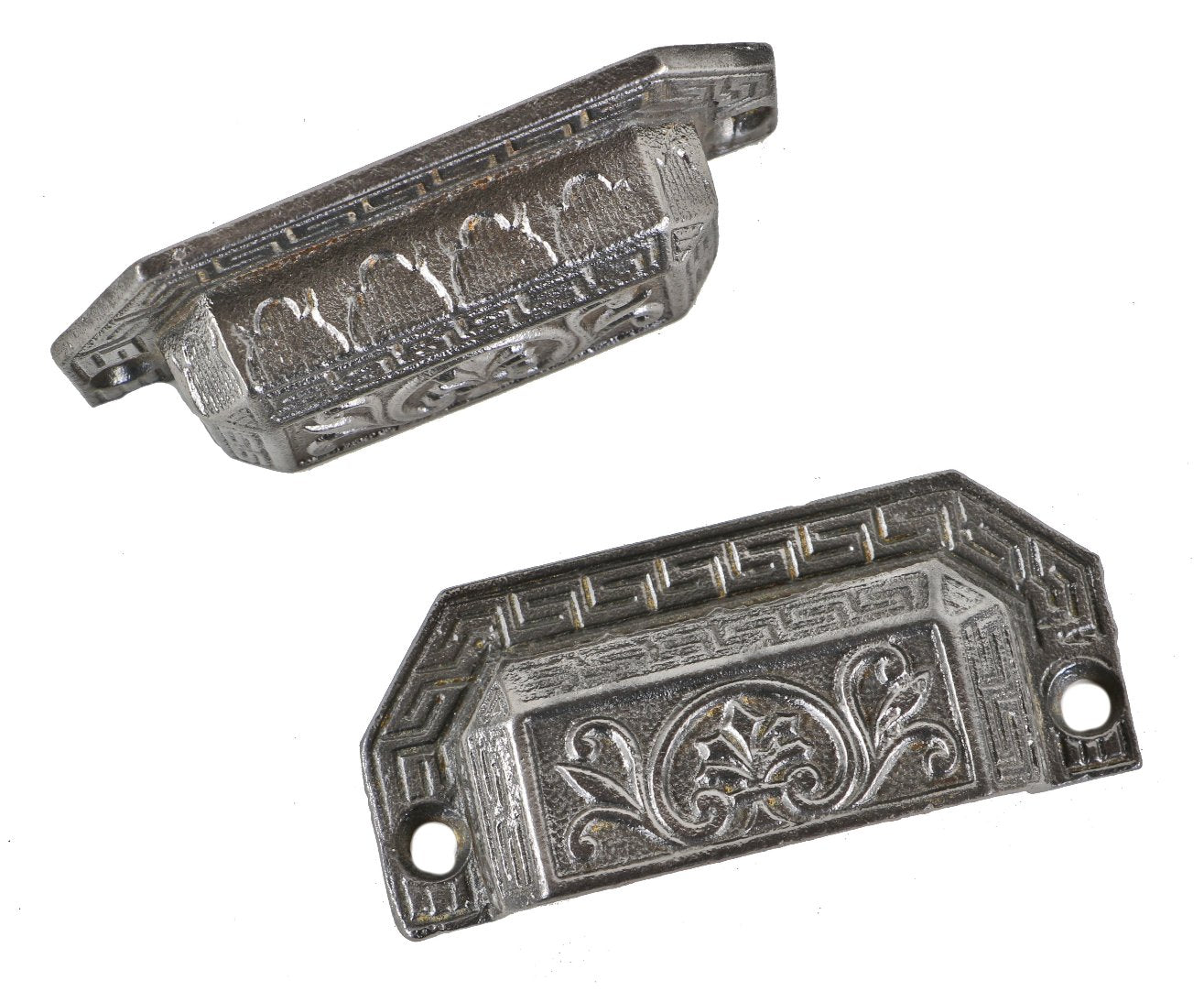 refinished 19th century patented ornamental cast iron interior residential cabinet or built-in drawer pulls or handles with centrally located palmette