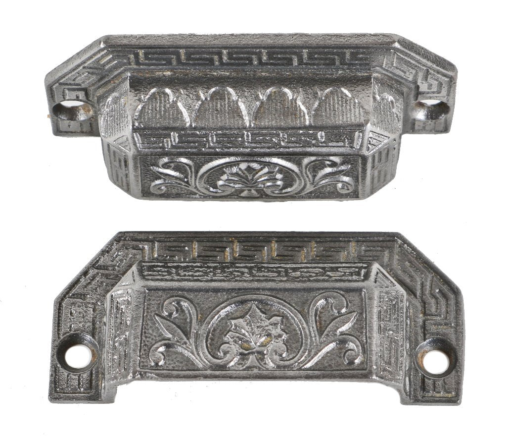 two matching patented interior residential antique american ornamental cast iron refinished victorian era built-in cabinet drawer pulls with palmette design motif
