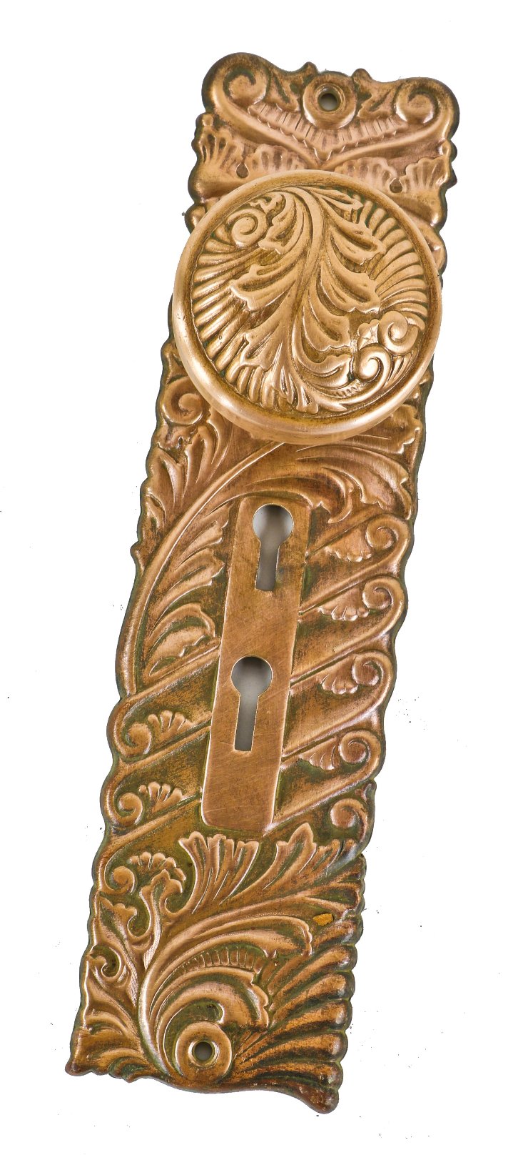 original late 19th century antique american residential entrance door "americus" pattern ornamented wrought bronze doorknob and matching backplate