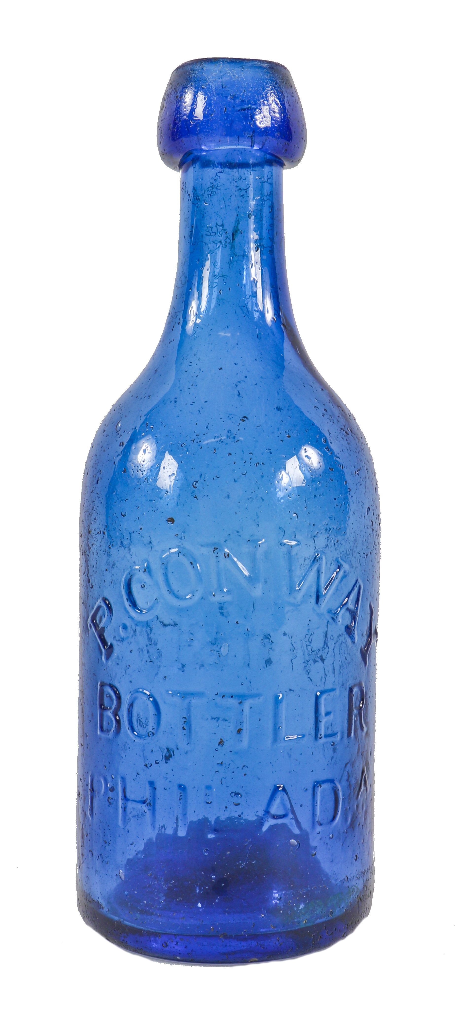 richly colored c. 1840-1855 original and intact antique american conway "mineral waters" open-pontiled cornflower blue glass bottle with crudely applied blob top