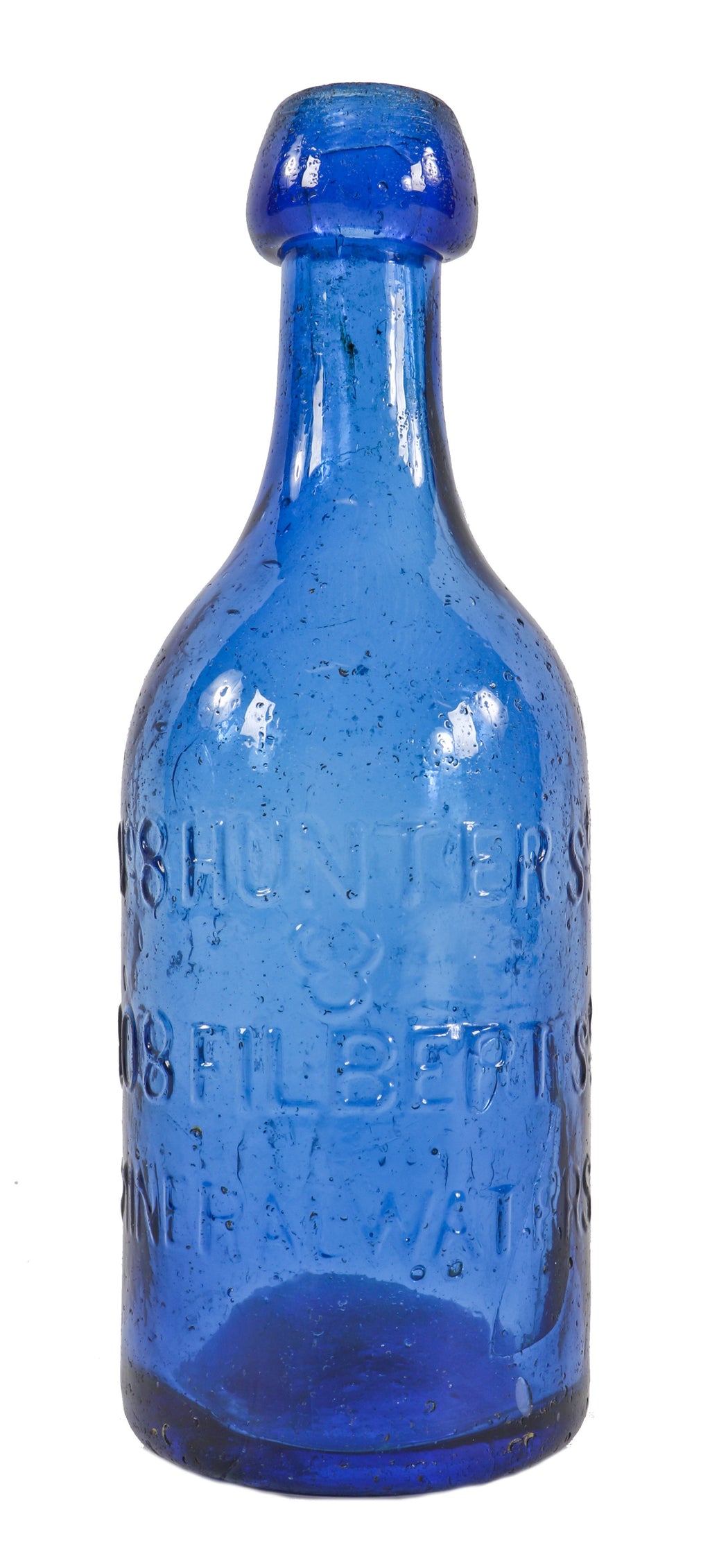 richly colored c. 1840-1855 original and intact antique american conway "mineral waters" open-pontiled cornflower blue glass bottle with crudely applied blob top