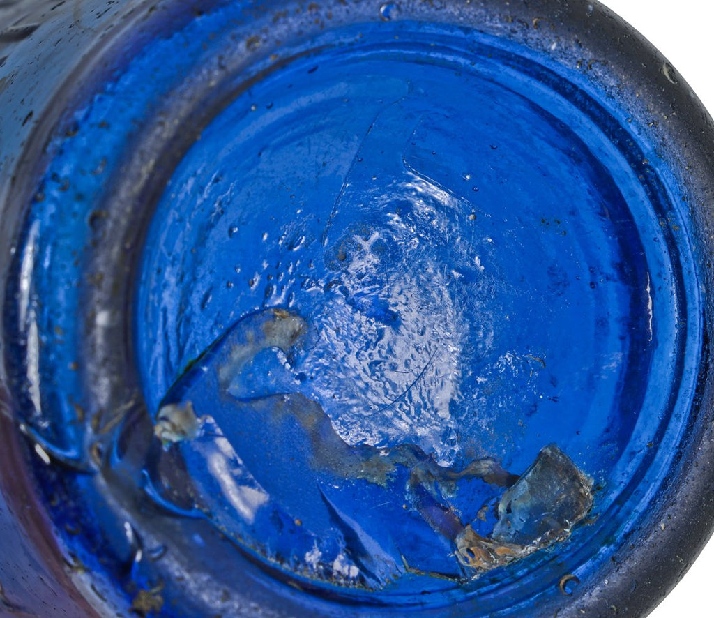 richly colored c. 1840-1855 original and intact antique american conway "mineral waters" open-pontiled cornflower blue glass bottle with crudely applied blob top