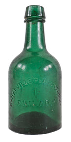 original late 1840's or early 1850's dark emerald green iron pontiled dyottville glassworks squat or porter style "philly green" antique american bottle with tapered collar