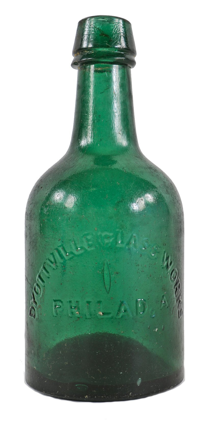 original late 1840's or early 1850's dark emerald green iron pontiled dyottville glassworks squat or porter style "philly green" antique american bottle with tapered collar