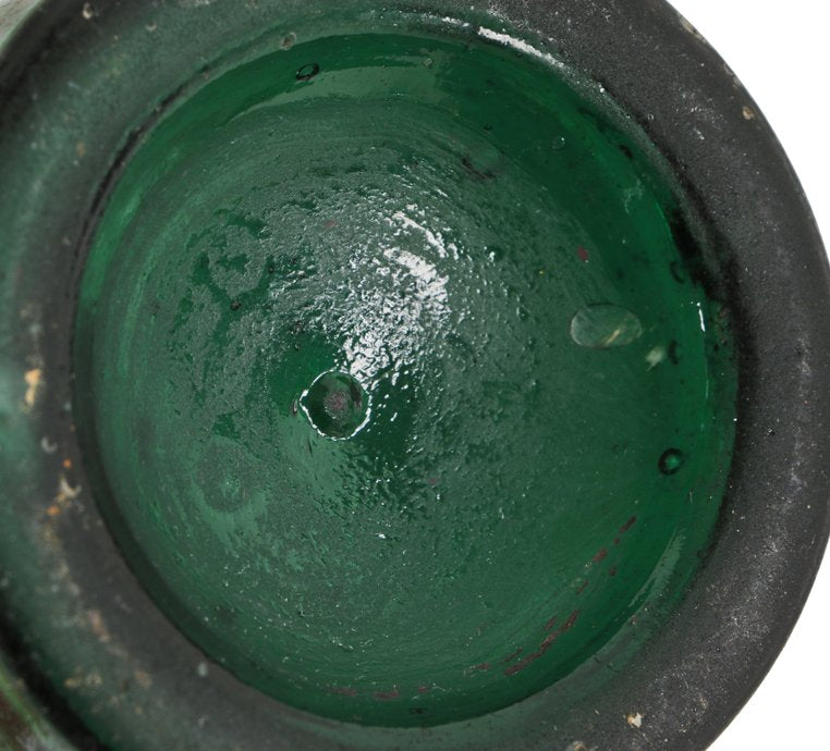 original late 1840's or early 1850's dark emerald green iron pontiled dyottville glassworks squat or porter style "philly green" antique american bottle with tapered collar