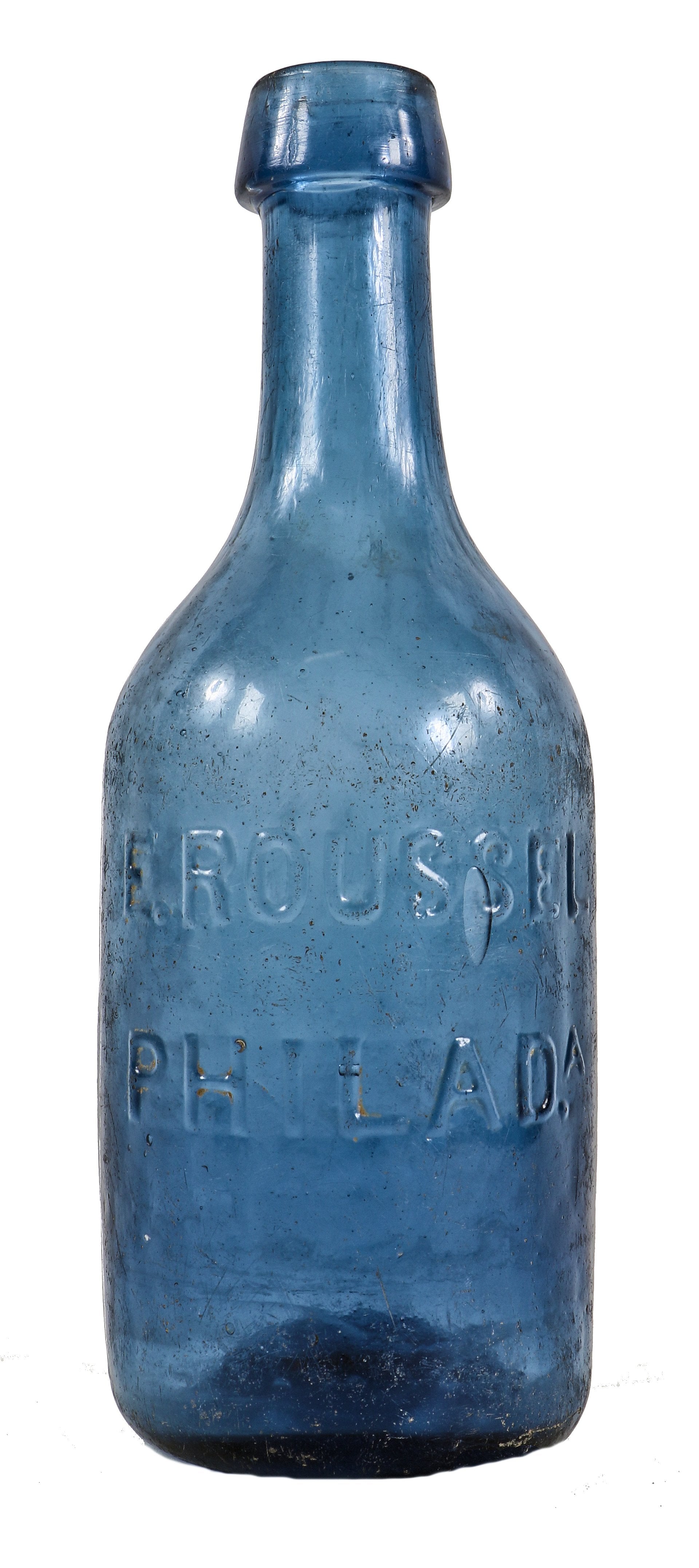 single mid-19th century rare antique american light cobalt blue glass iron-pontiled soda or mineral water eugene roussel bottle with applied tapered top or lip