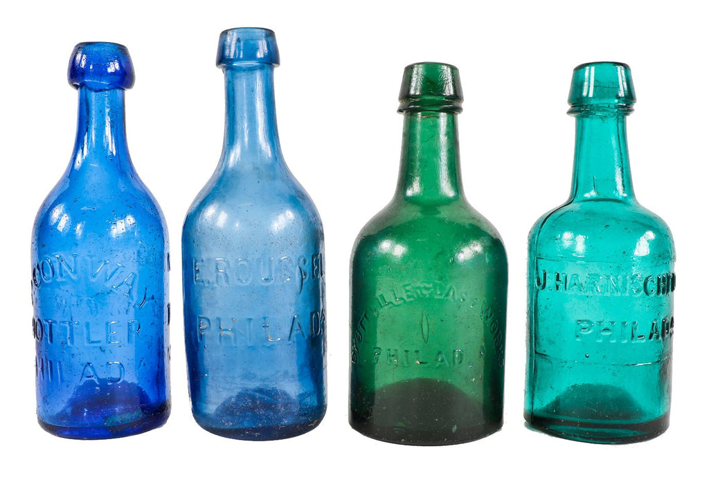 richly colored c. 1840-1855 original and intact antique american conway "mineral waters" open-pontiled cornflower blue glass bottle with crudely applied blob top