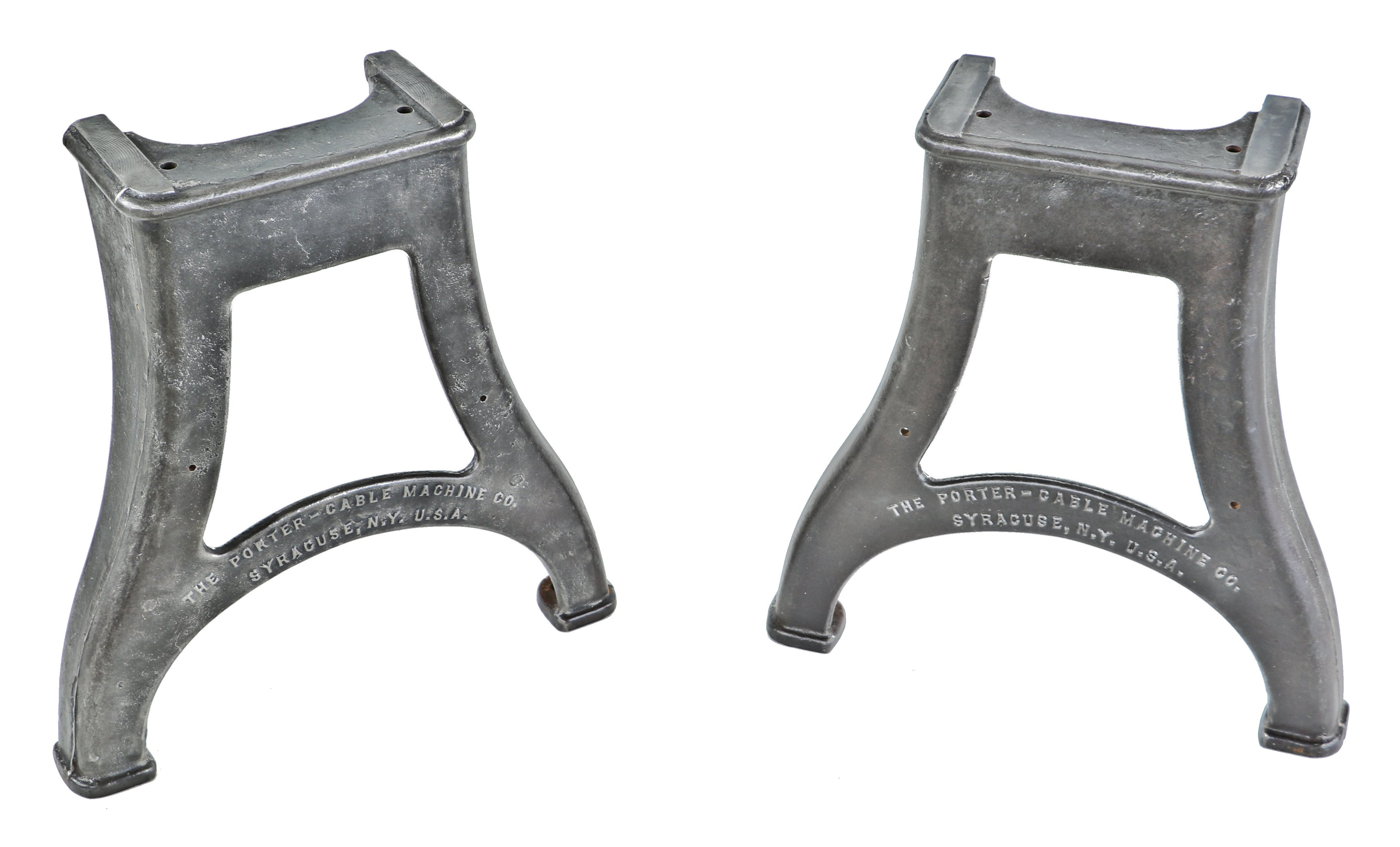 two matching early 20th century original and intact antique american industrial low-lying factory machine shop lathe bases with embossed manufacturer markings