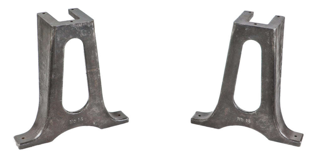 uniquely-shaped refinished early 20th century freestanding brushed and sealed cast iron furniture factory lathe machine "no. 14" cast iron bases with outswept feet