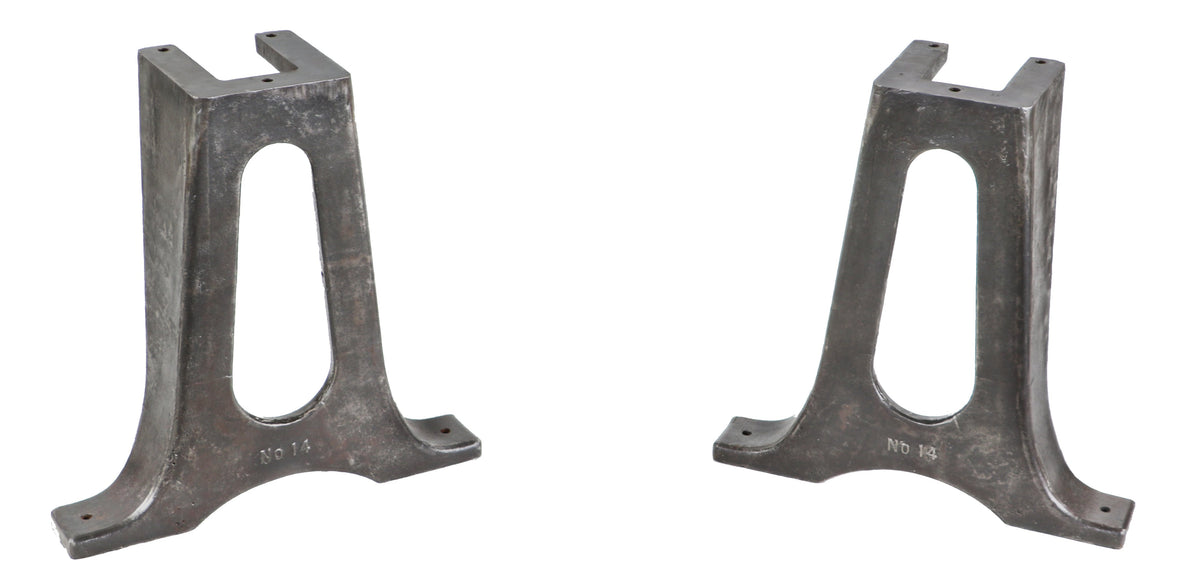 uniquely-shaped refinished early 20th century freestanding brushed and sealed cast iron furniture factory lathe machine "no. 14" cast iron bases with outswept feet