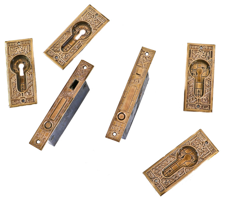 highly desirable c. 1880's antique american eastlake style ornamental cast bronze "ceylon" pattern residential double pocket door matching hardware