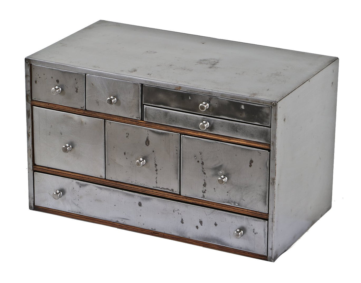 refinished c. 1930's american antique industrial heavily compartmentalized pressed and folded steel workbench or counter cabinet with original drawer pulls
