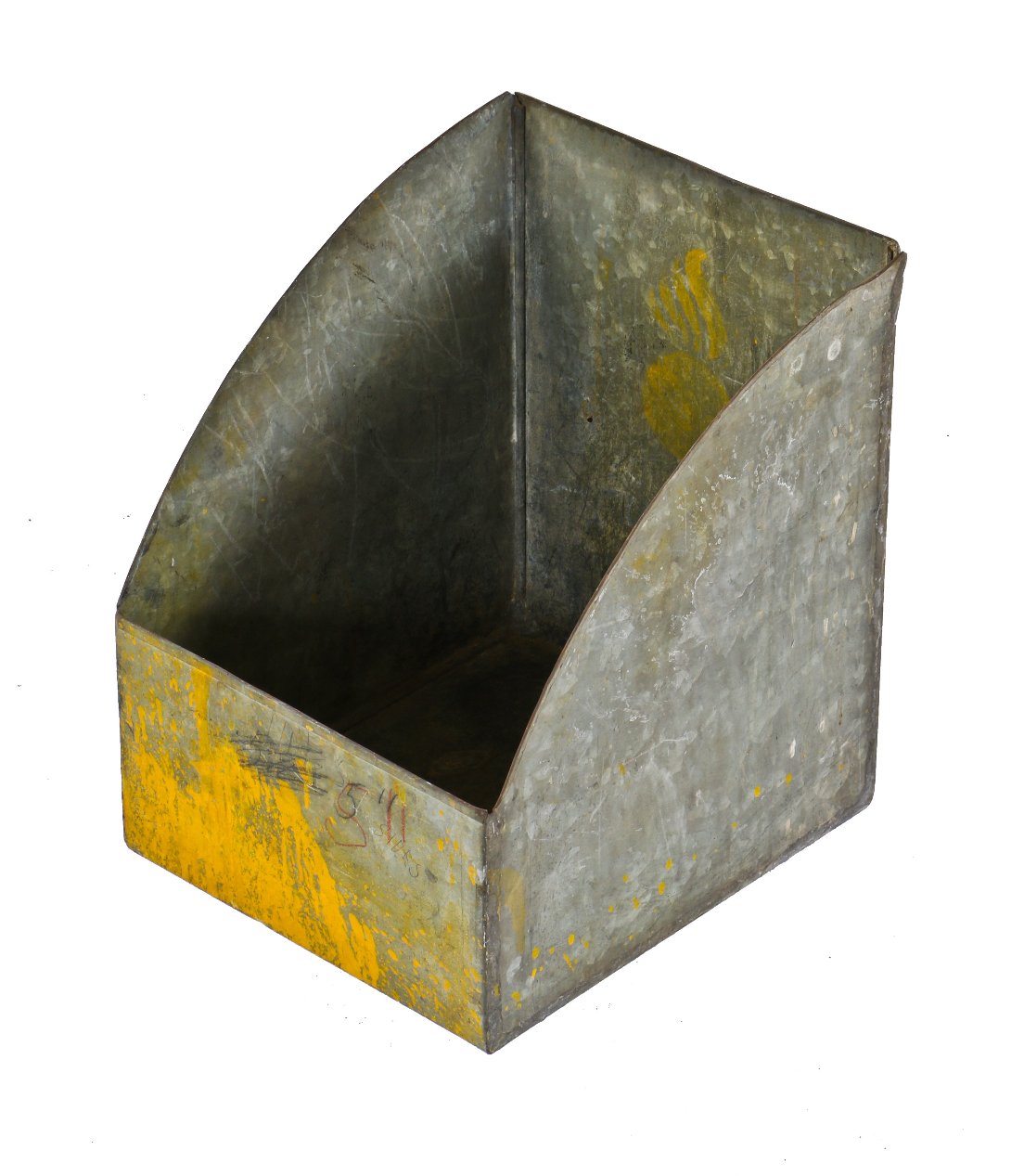 one of four matching original american depression era pressed and folded galvanized steel single compartment storage bin with old yellow paint